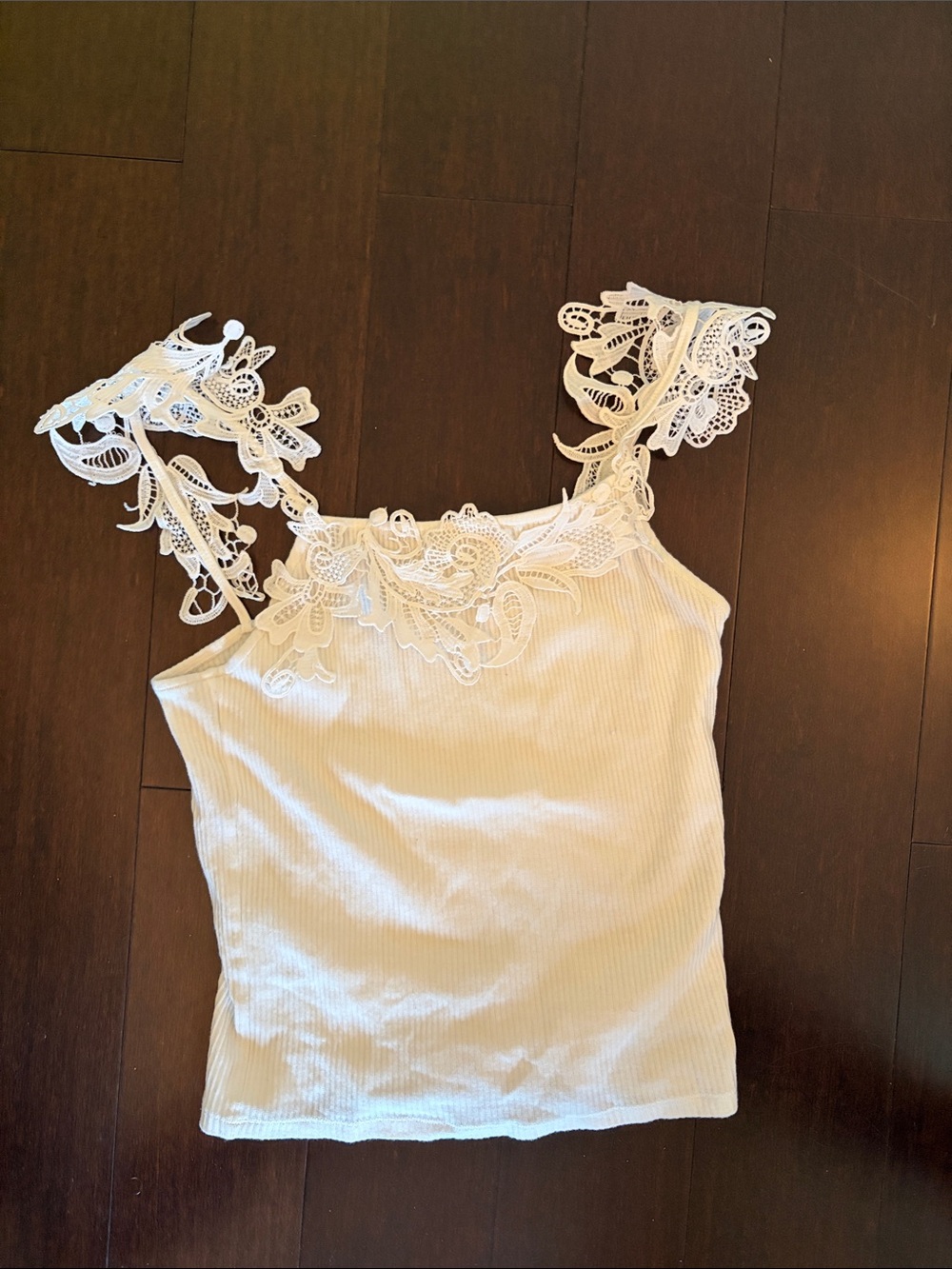Zara White Ribbed Lace-Trim Camisole